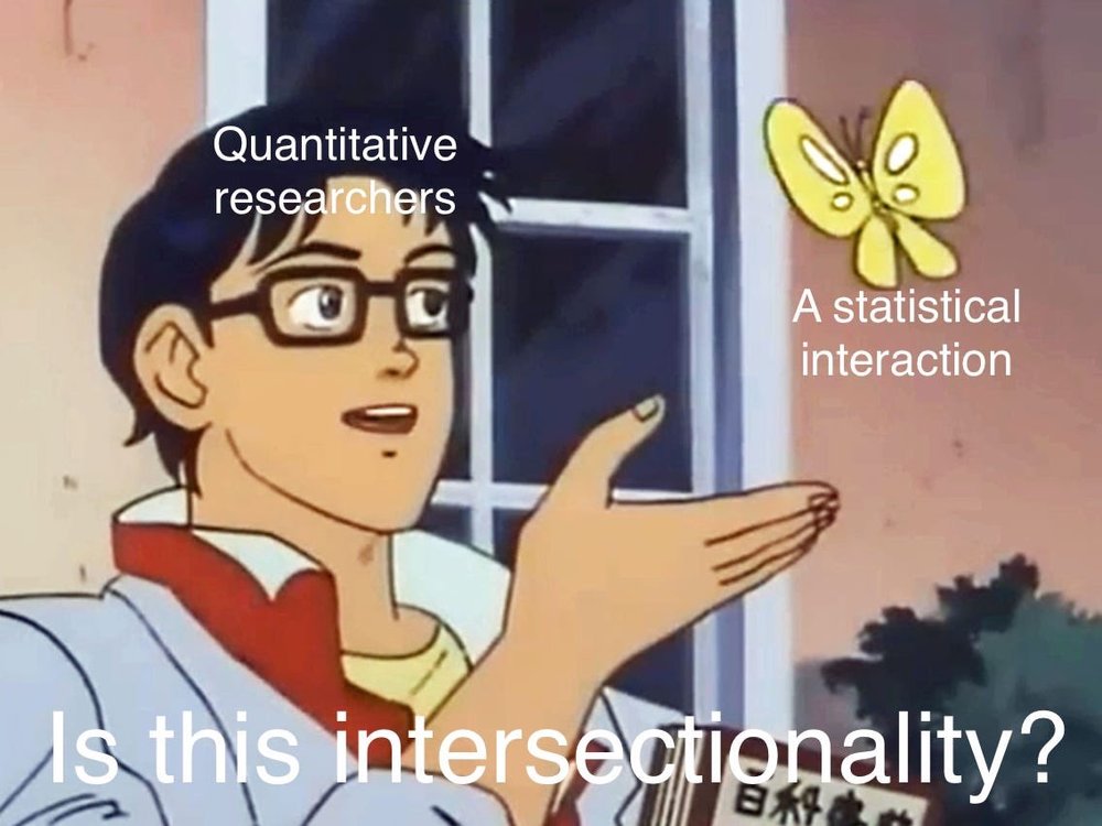 Is This A Pigeon? meme with the person labeled 'Quantitative researchers' referring to the butterfly labeled 'A statistical interaction' asking 'Is this intersectionality?'